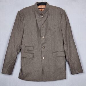 Hockerty Sport Coat Mens 40 Brown Wool Tweed Five Button Band Collar Jacket